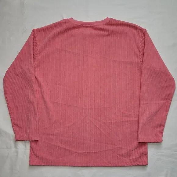 SHEIN Cherry Graphic Long Sleeve Corduroy Top Pink Pullover Drop Shoulder Small - Picture 2 of 8